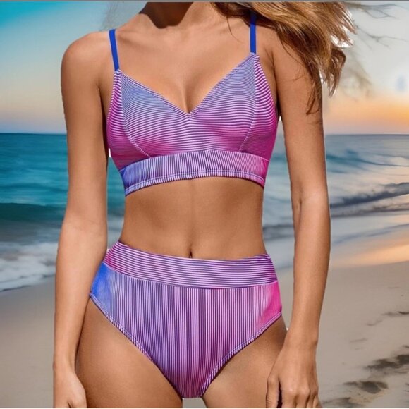 Cupshe XS Striped Bikini Set Blue Magenta 2 Piece V-Neckline High Waist Swimwear - Picture 1 of 8